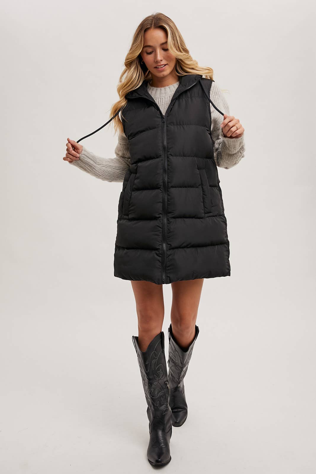 HOODED ZIPPER DOWN LONGLINE PUFFER VEST: Black