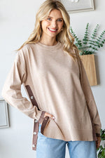 Side Button Contrast Sweater - Oatmeal