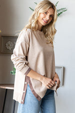 Side Button Contrast Sweater - Oatmeal