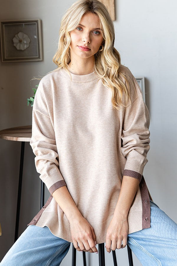 Side Button Contrast Sweater - Oatmeal