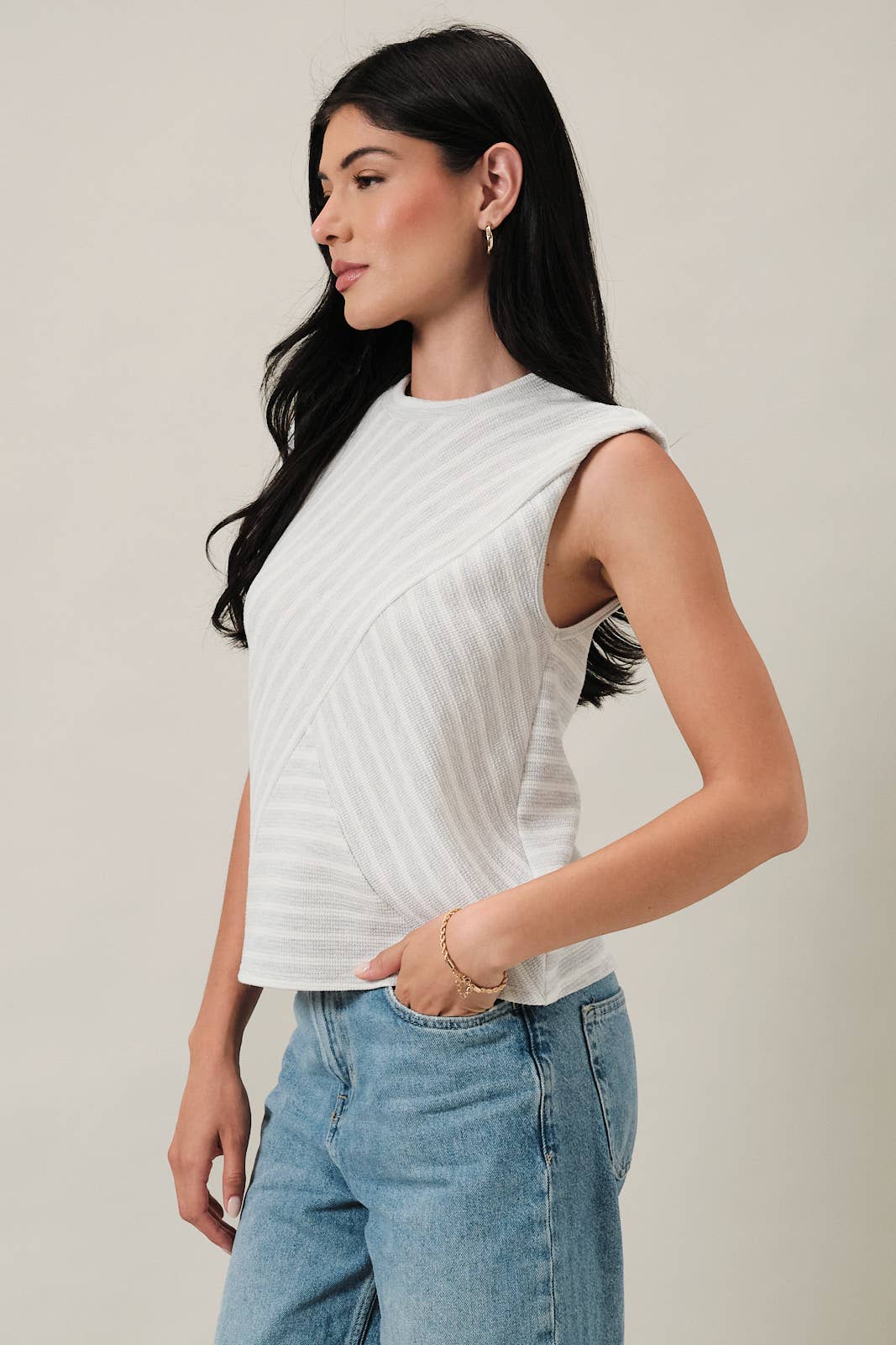 Sleeveless Diagonal Panel Stripe Top - Light Grey/Cream