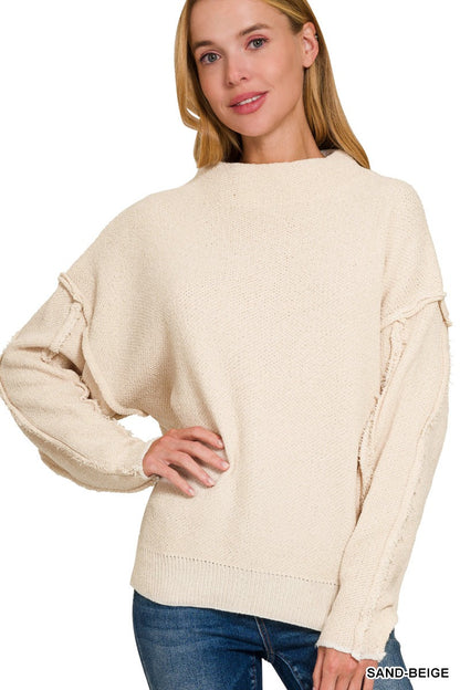 Oversized Mock Neck Raw Seam Chenille Sweater