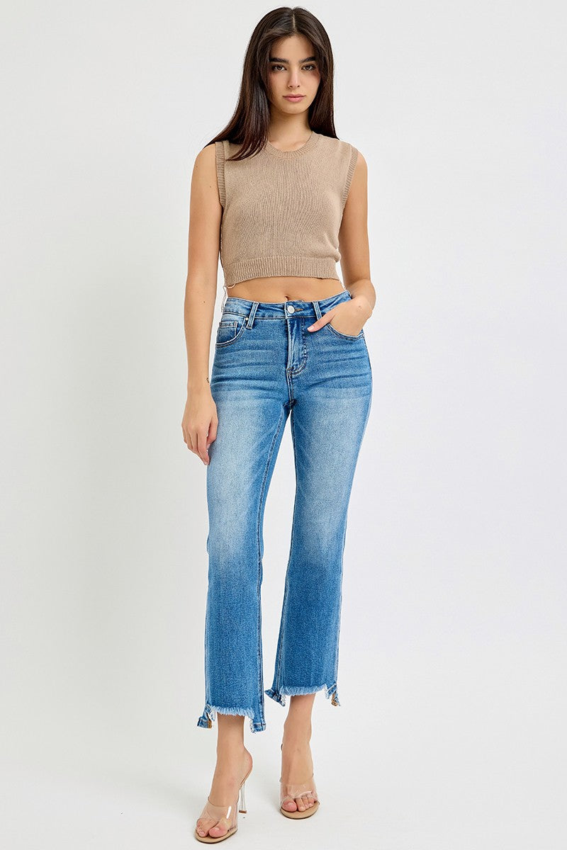 Tummy Control MR Crop Bootcut Unbalanced Hem Jeans