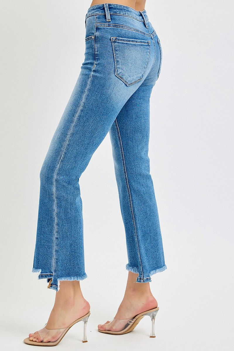 Tummy Control MR Crop Bootcut Unbalanced Hem Jeans