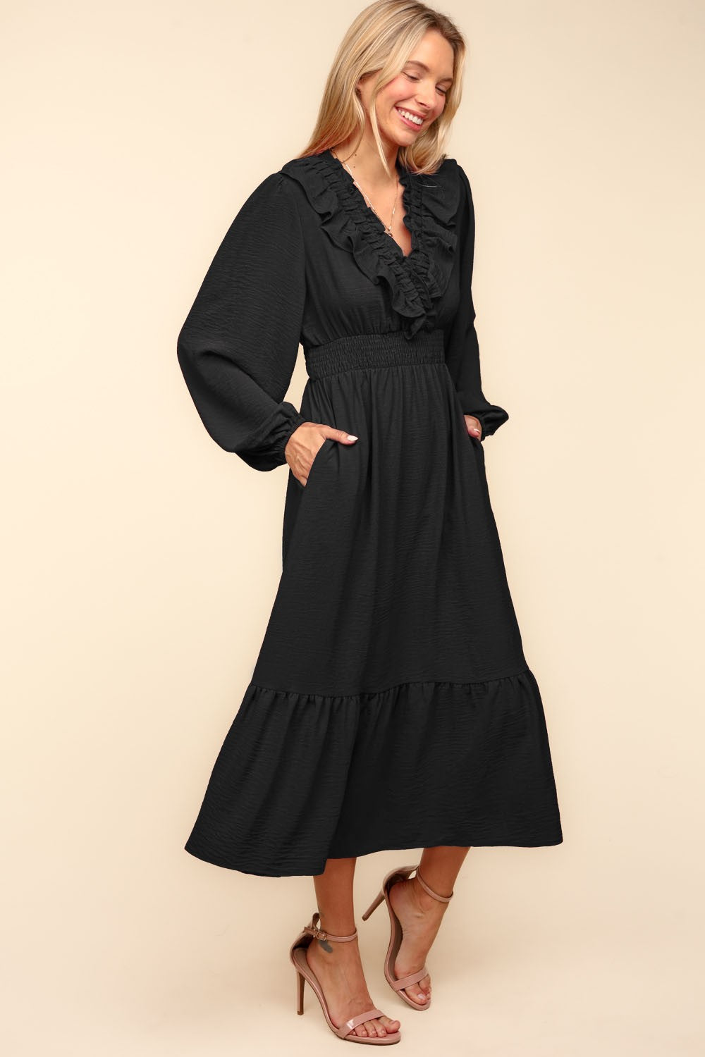 Black V-Neck Ruffle Woven Dress