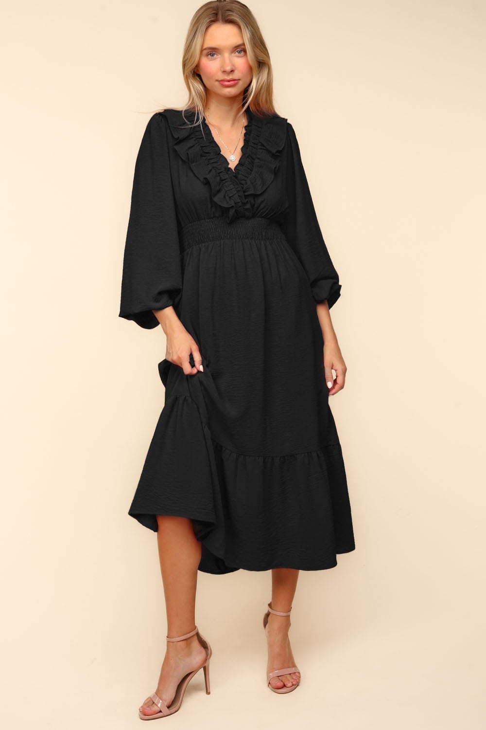 Black V-Neck Ruffle Woven Dress