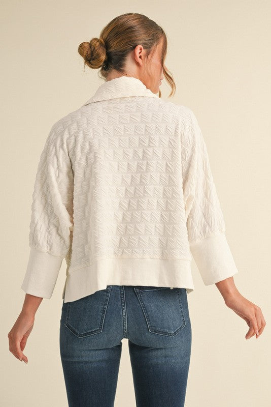Textured 3/4 Kimono Sleeves Collar Top - Cream