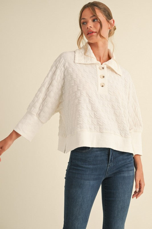 Textured 3/4 Kimono Sleeves Collar Top - Cream