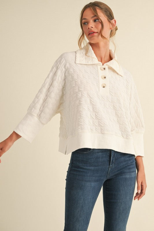 Textured 3/4 Kimono Sleeves Collar Top - Cream