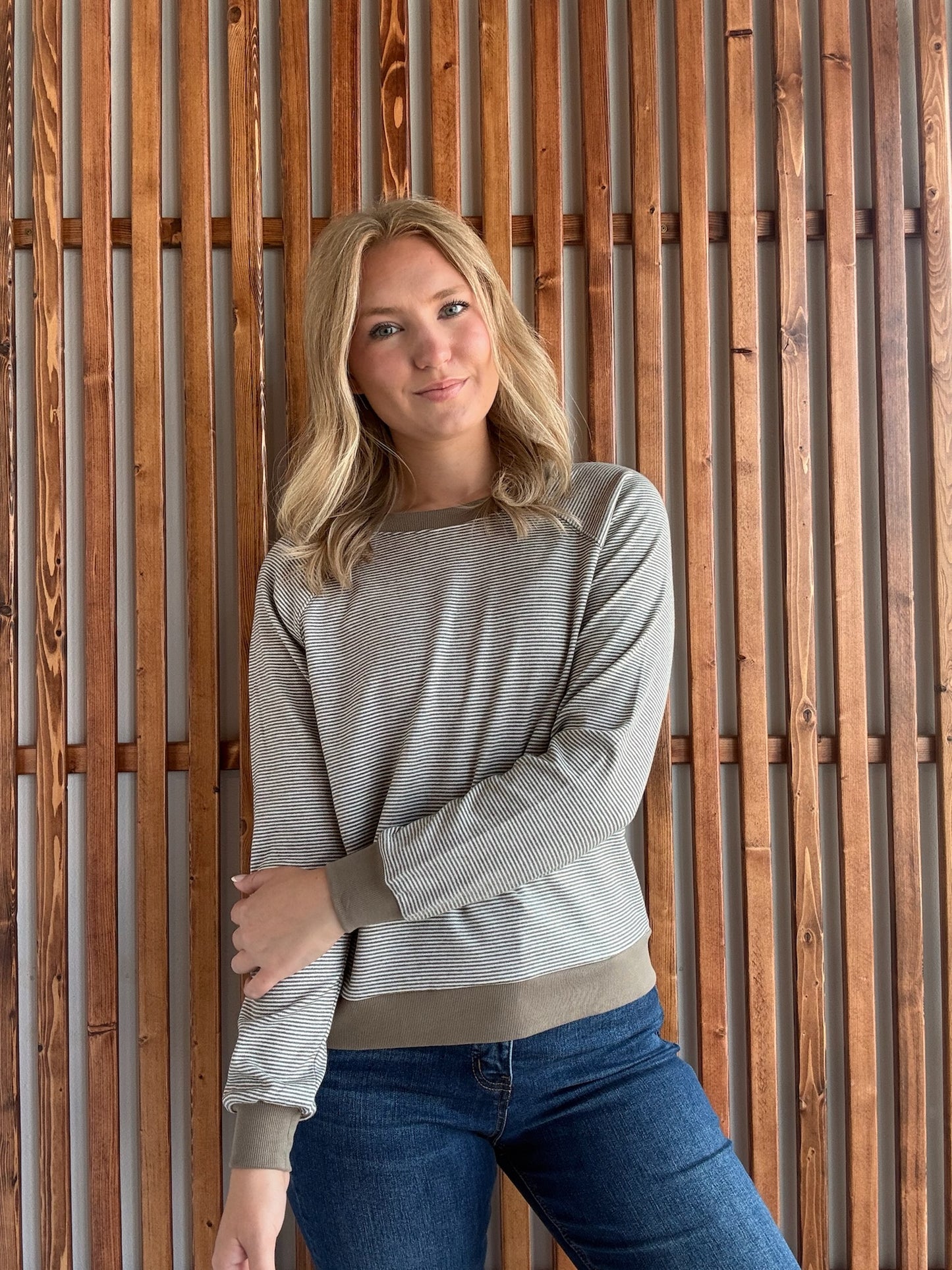 Crew Neck Pinstriped Top- Taupe