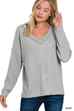 Ribbed V-Neck Drop Shoulder Long Sleeve