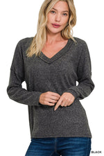 Ribbed V-Neck Drop Shoulder Long Sleeve