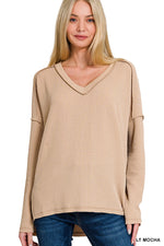 Ribbed Hi-Low V-Neck Long Sleeve - Light Mocha