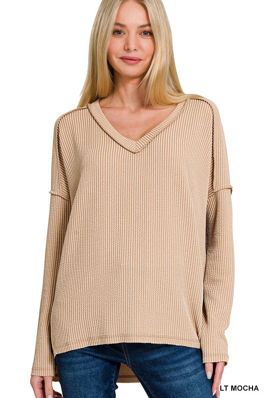 Ribbed Hi-Low V-Neck Long Sleeve - Light Mocha