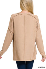 Corded Rib Hi-Low V-Neck Long Sleeve