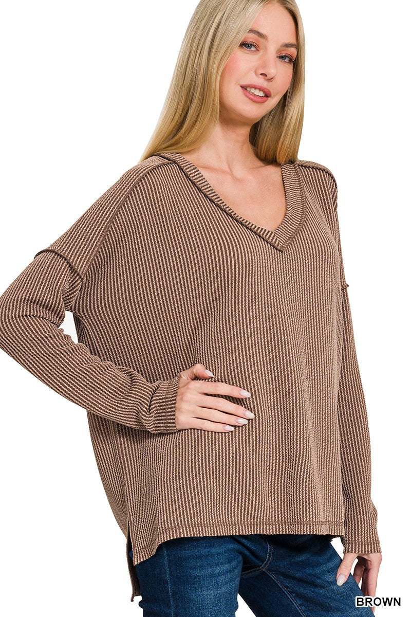 Ribbed Hi-Low V-Neck Long Sleeve - Brown