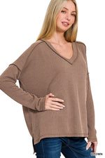 Ribbed Hi-Low V-Neck Long Sleeve - Brown
