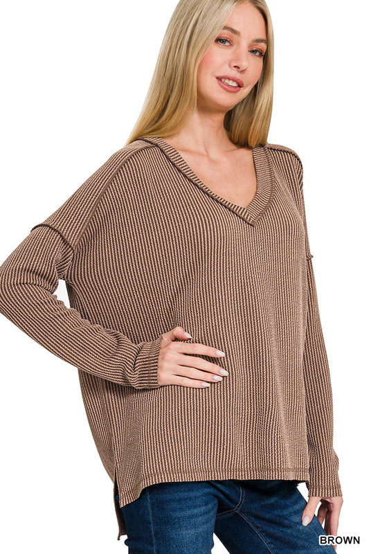 Ribbed Hi-Low V-Neck Long Sleeve - Brown