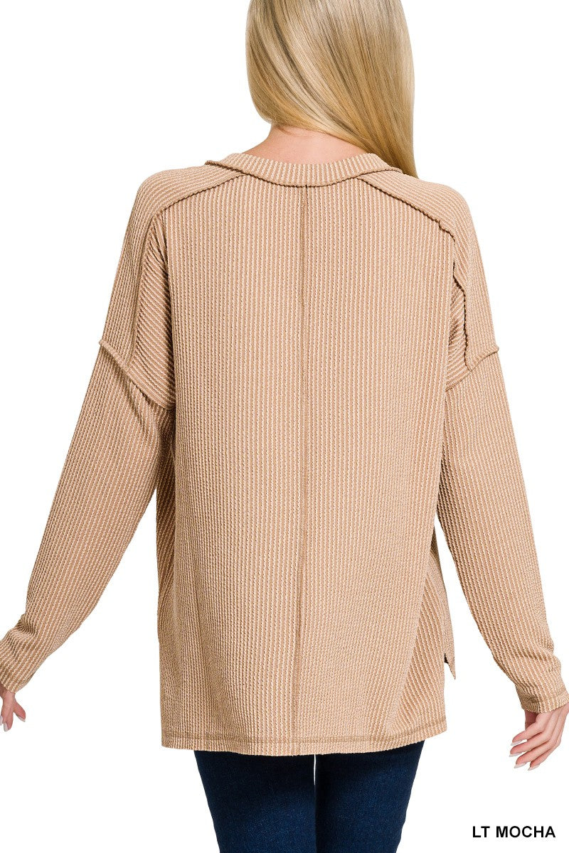 Ribbed Hi-Low V-Neck Long Sleeve - Light Mocha