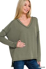 Ribbed Hi-Low V-Neck Long Sleeve - Dark Olive