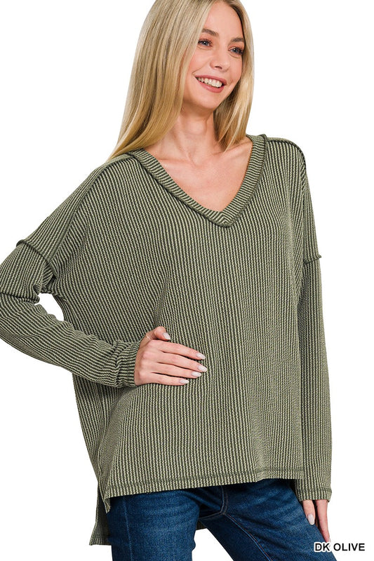 Ribbed Hi-Low V-Neck Long Sleeve - Dark Olive