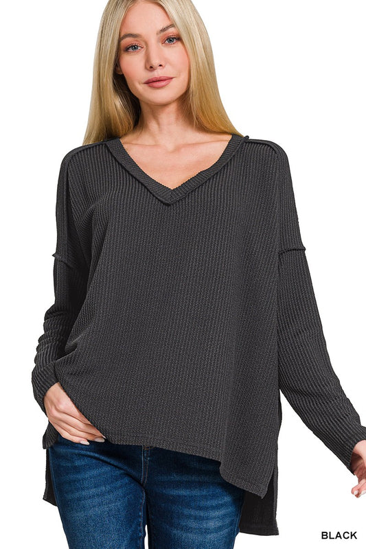 Ribbed Hi-Low V-Neck Long Sleeve - Black