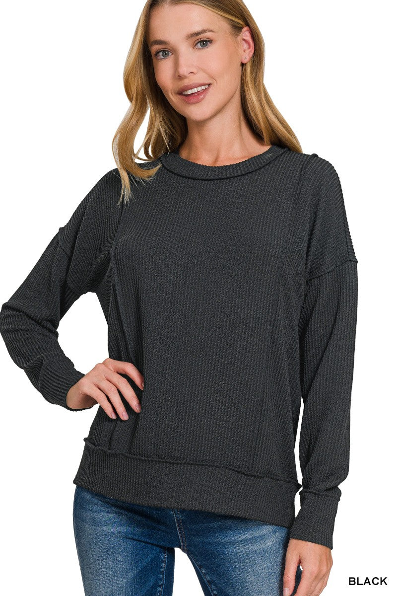 Corded Rib Round Neck Long Sleeve