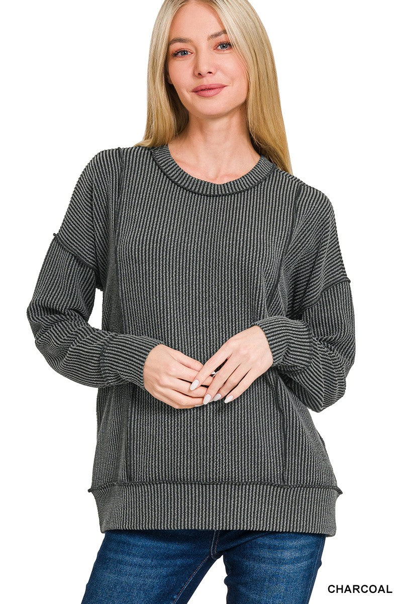 Corded Rib Round Neck Long Sleeve