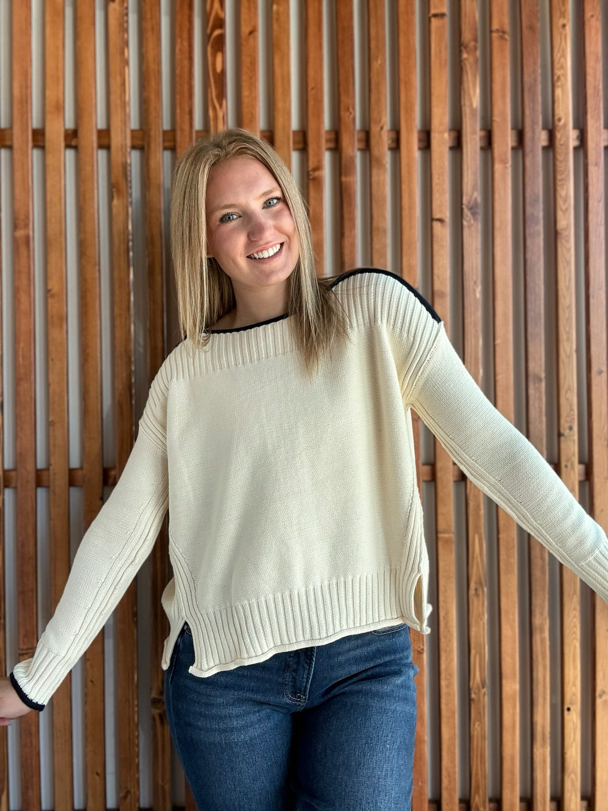 Boatneck Cream and Navy Sweater