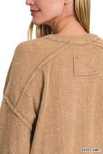 Ribbed Hacci Melange Henley Sweater - Deep Camel