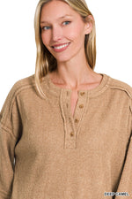Ribbed Hacci Melange Henley Sweater - Deep Camel
