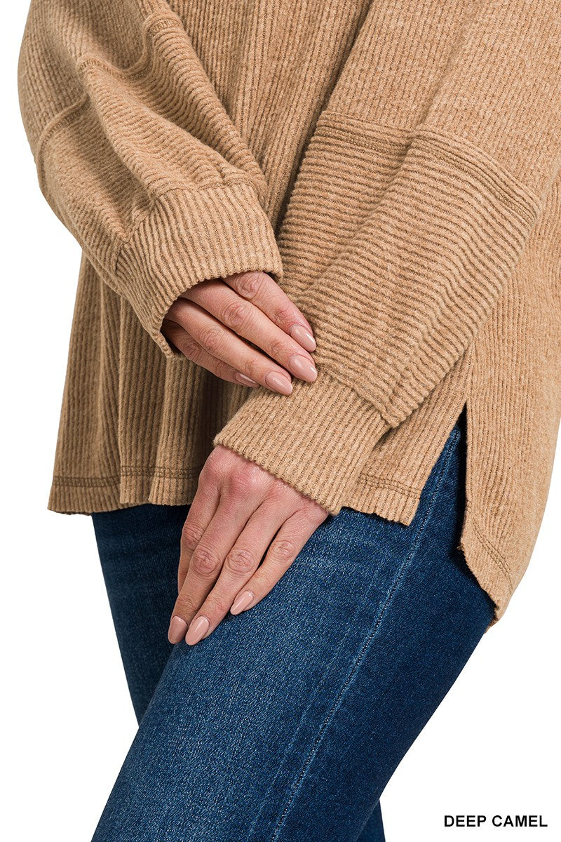 Ribbed Hacci Melange Henley Sweater - Deep Camel
