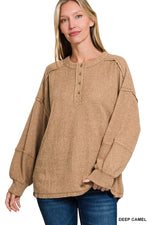 Ribbed Hacci Melange Henley Sweater - Deep Camel