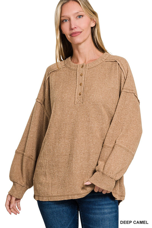 Ribbed Hacci Melange Henley Sweater - Deep Camel