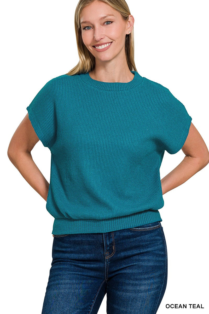 Banded Bottom Short Sleeve Sweater - Ocean Teal