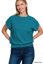 Banded Bottom Short Sleeve Sweater - Ocean Teal
