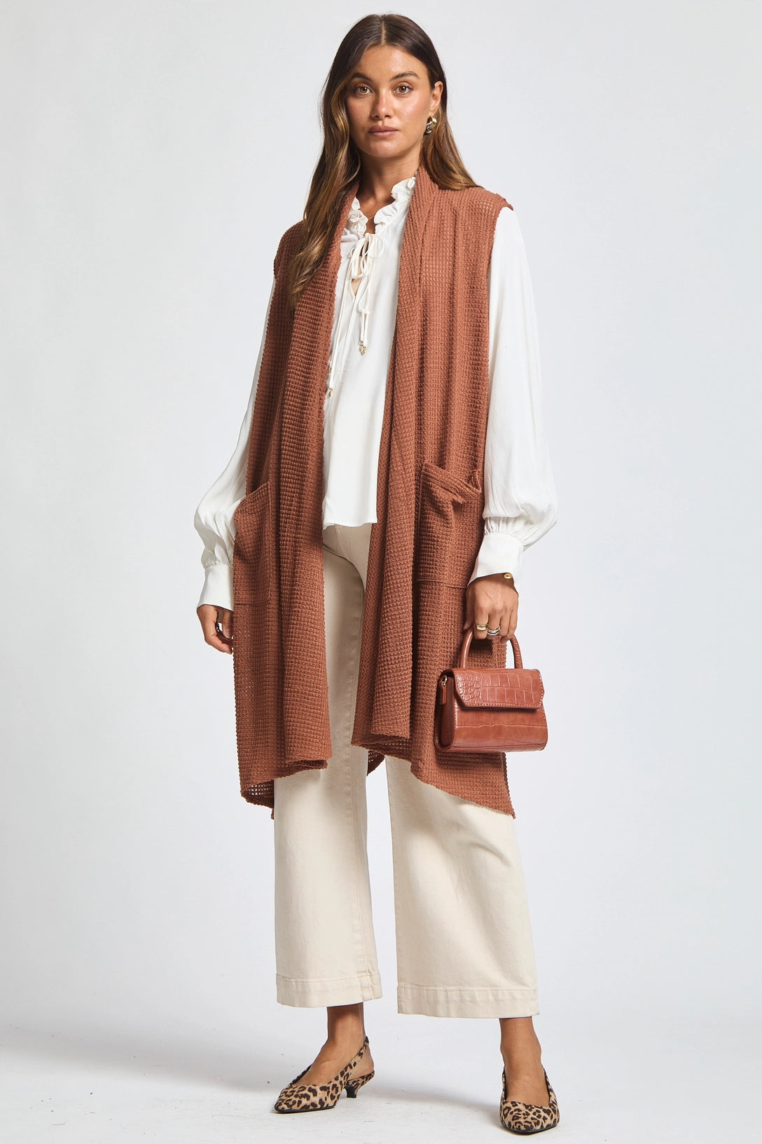 Sleeveless Crochet Midi Vest Cardigan - Chestnut