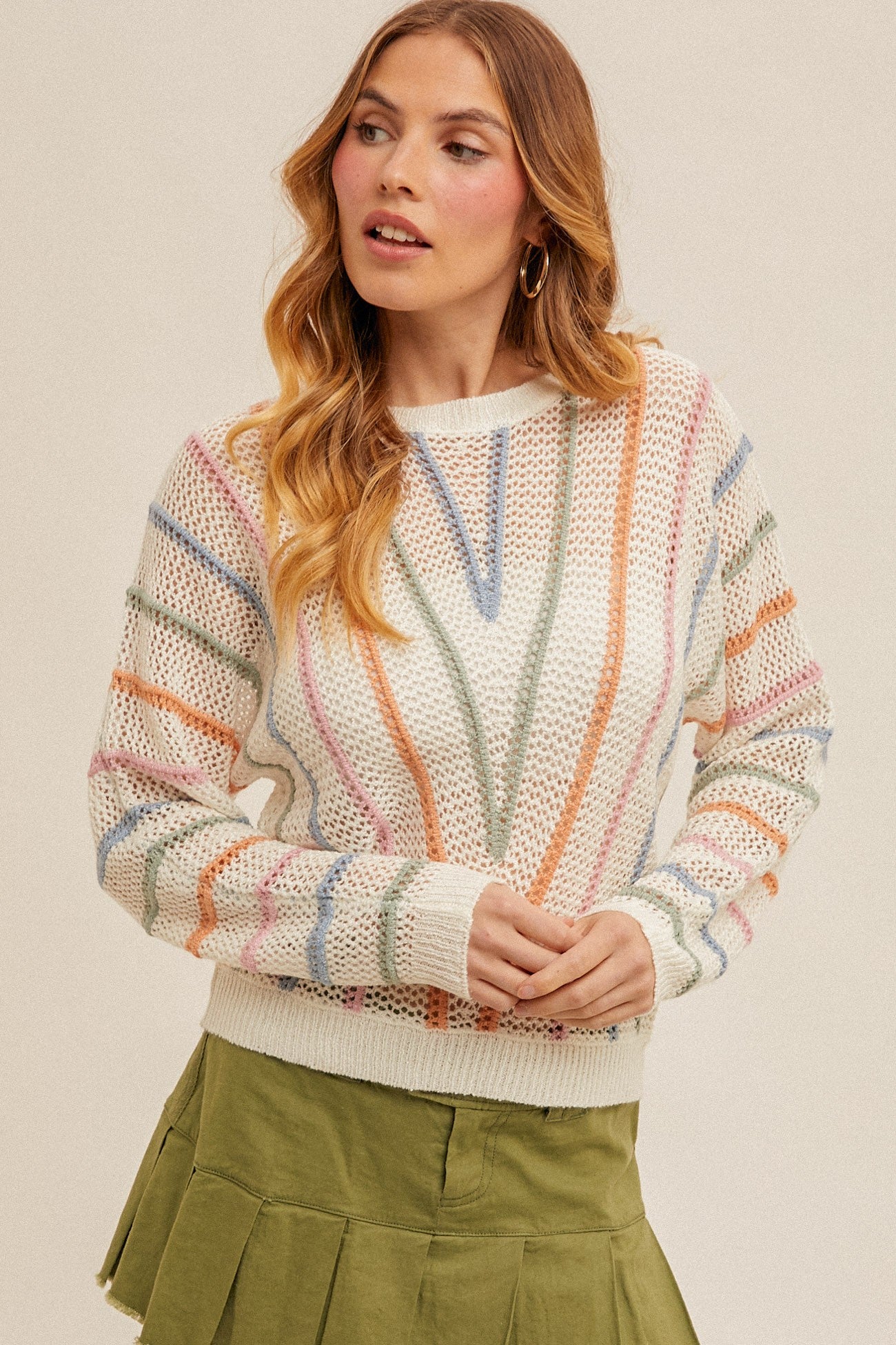 Multi Stripe Dolman Sleeve Fishnet Sweater