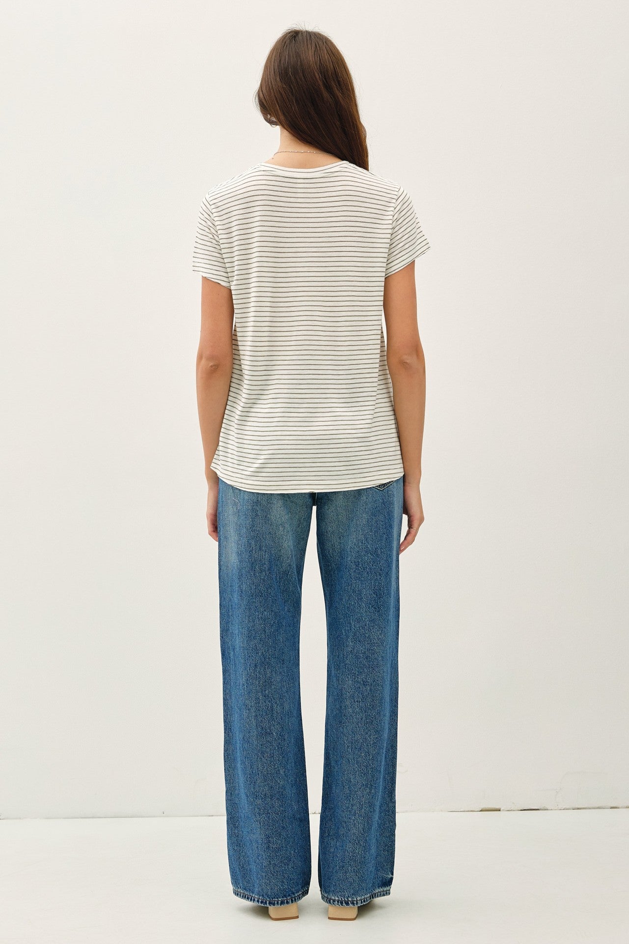 Linen Blended Striped Relaxed Tee - Olive