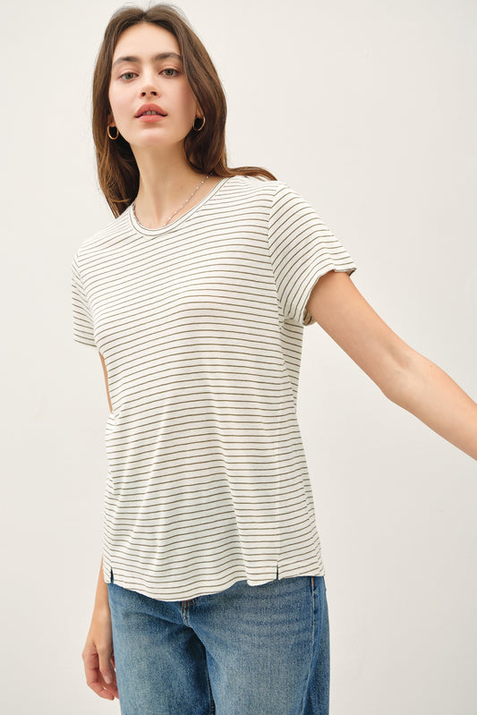 Linen Blended Striped Relaxed Tee - Olive