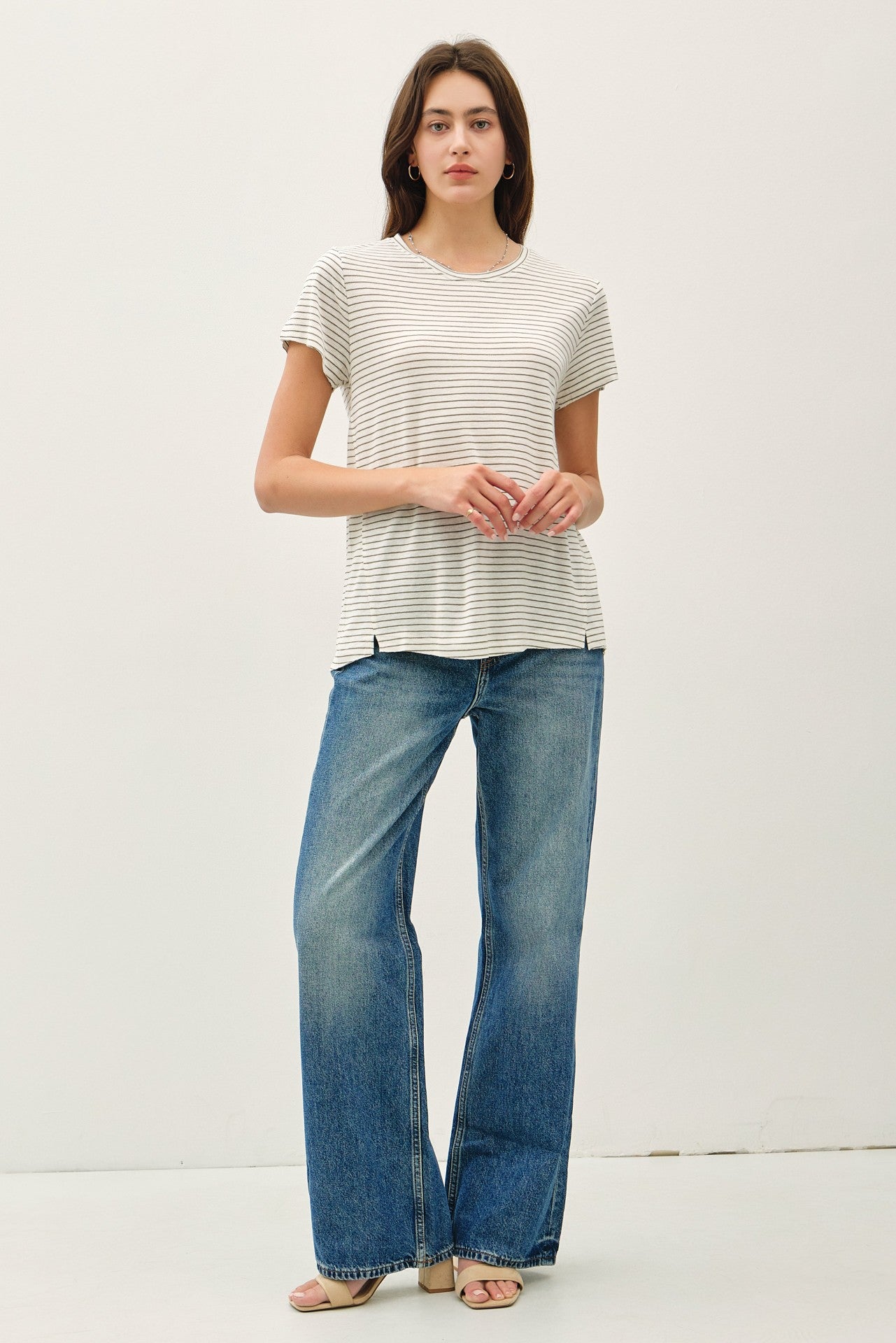 Linen Blended Striped Relaxed Tee - Olive