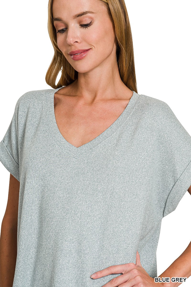 Soft Melange Hacci V-Neck Tee - Blue Grey