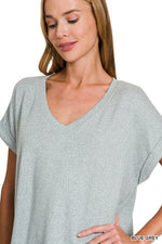 Soft Melange Hacci V-Neck Tee - Blue Grey