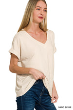 Soft Melange Hacci V-Neck Tee - Sand Beige