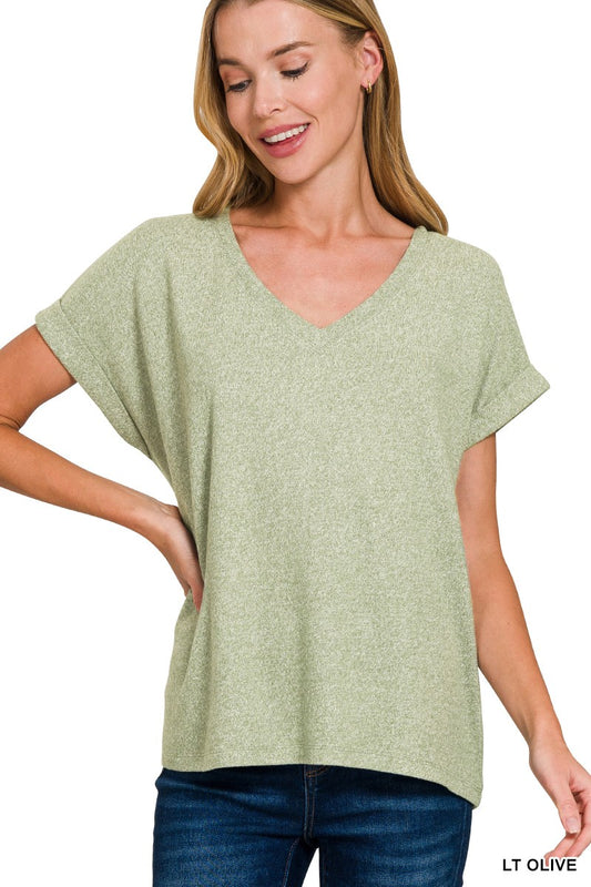 Soft Melange Hacci V-neck Tee - Light Olive