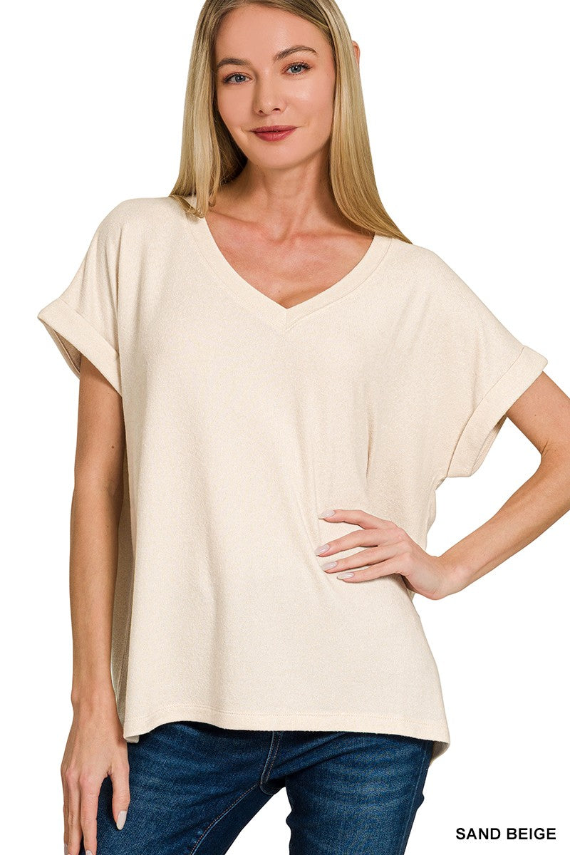 Soft Melange Hacci V-Neck Tee - Sand Beige