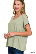 Soft Melange Hacci V-neck Tee - Light Olive