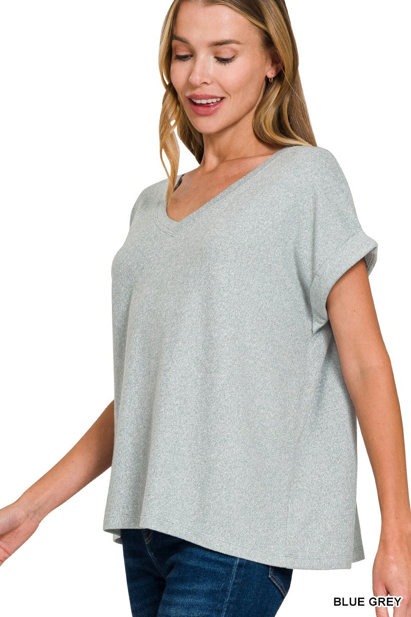 Soft Melange Hacci V-Neck Tee - Blue Grey