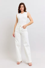 White HW Double Button Wide Leg Jean