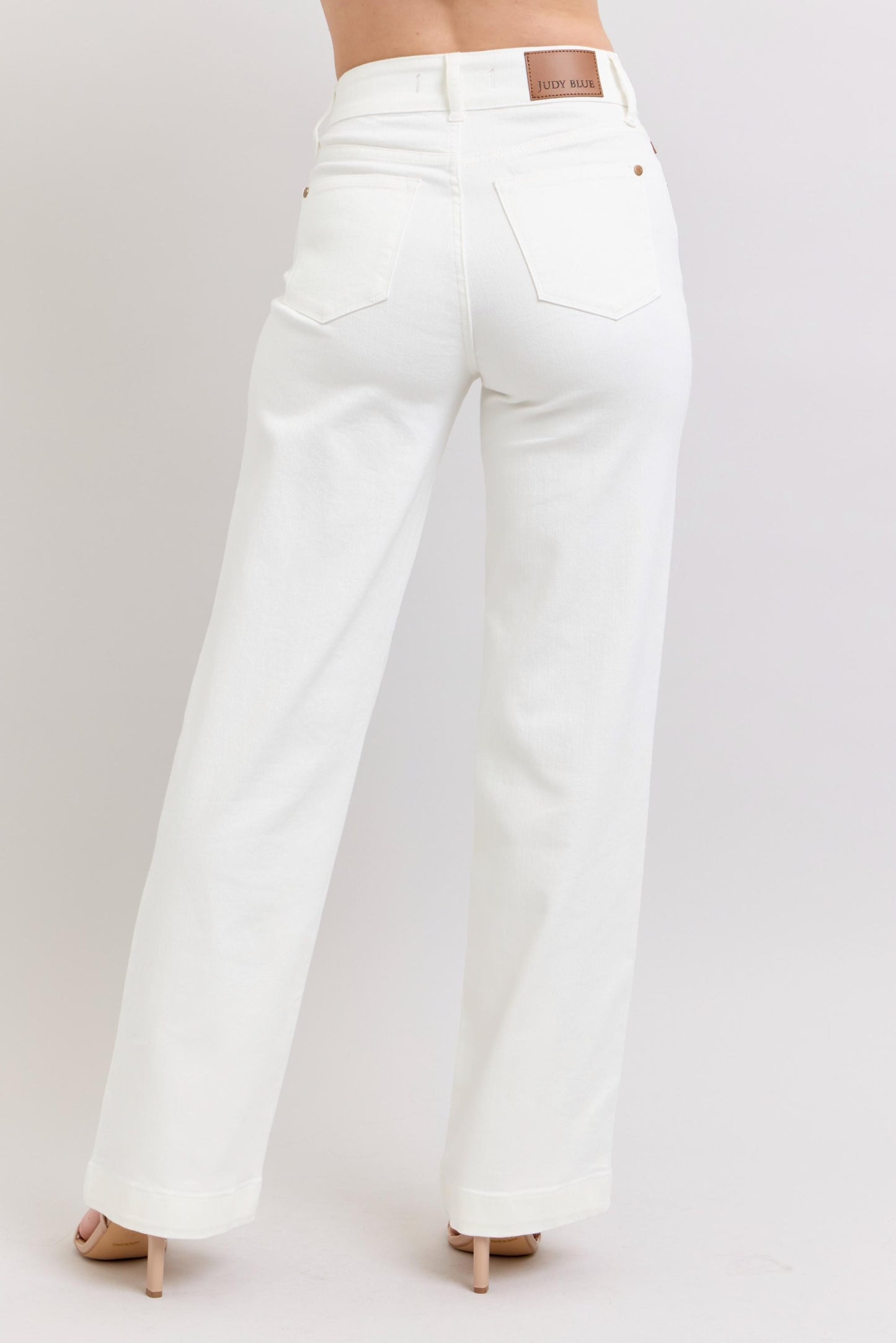 White HW Double Button Wide Leg Jean